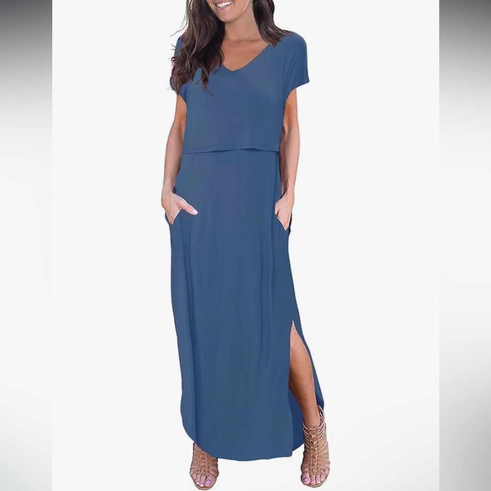 Elegant Blue Nursing Maternity Maxi Dress